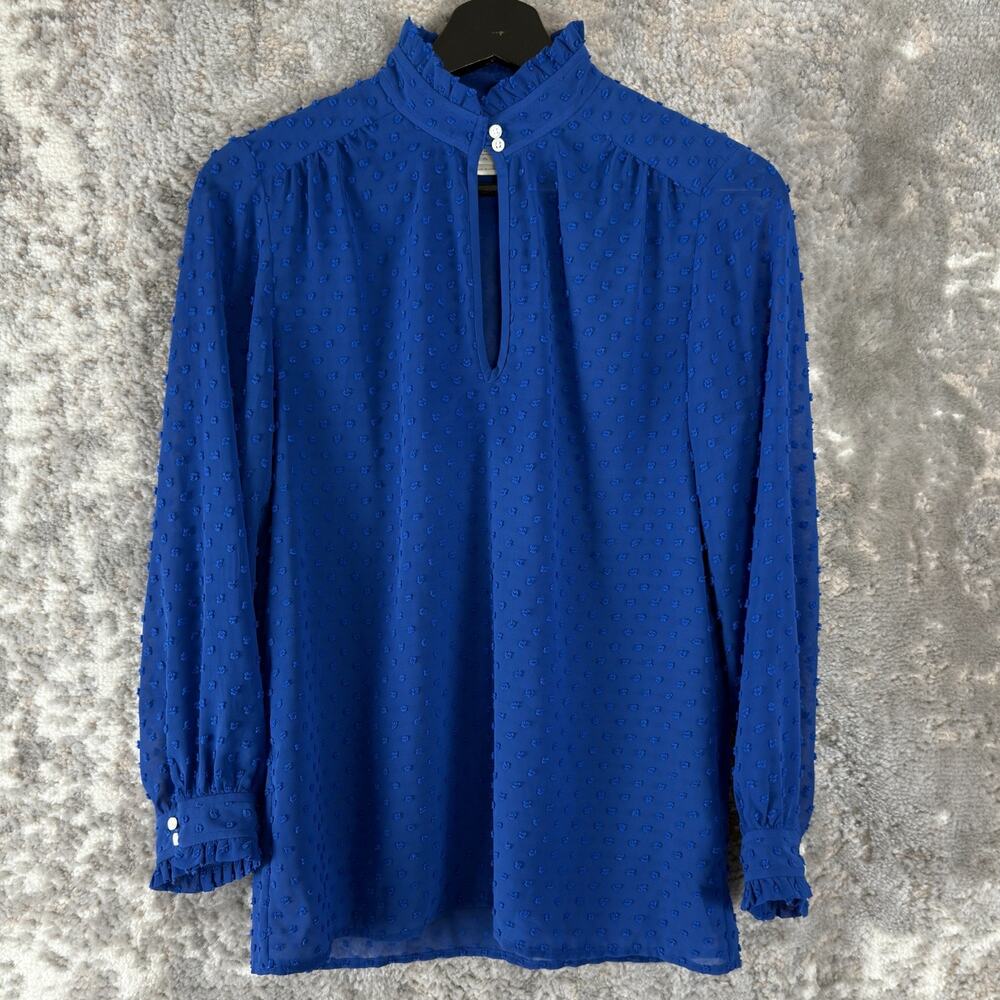 J Crew Size 0 Keyhole Textured‎ Semi Sheer Mock Neck Top Blue Long Sleeve Button